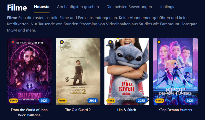 Screenshot der Filmpalast-Oberfläche die viele Filmtitel und Serienfolgen zeigt